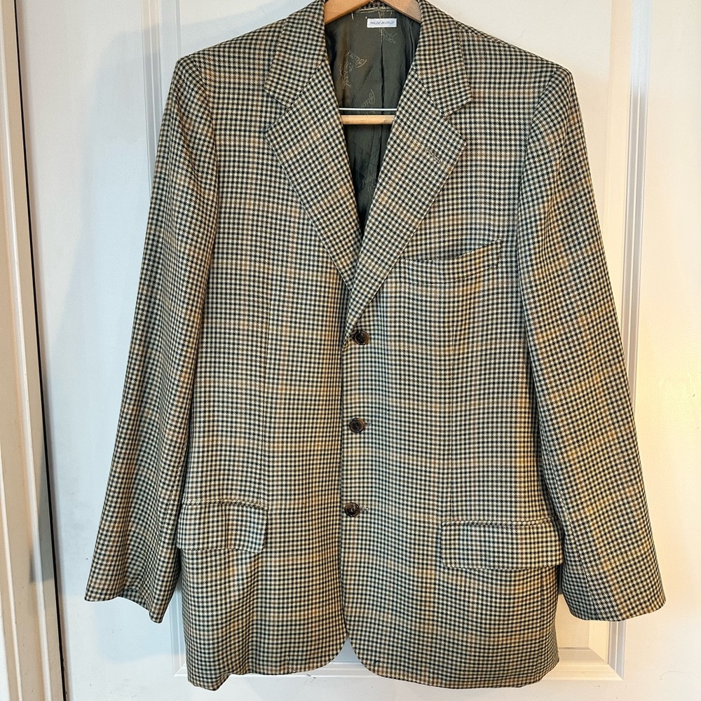 Brioni Cashmere Houndstooth Silk Lining Brown & Green Check 2 Button Blazer